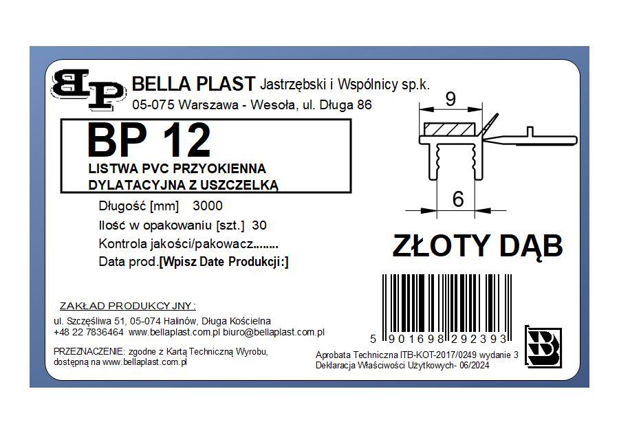 Zdjęcie: Listwa PVC BP12 L300 9/6 złoty dąb, przyokienna, dylatacyjna, tynkarska z uszczelką BELLA PLAST