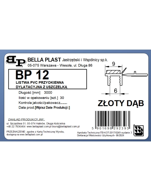 Zdjęcie: Listwa PVC BP12 L300 9/6 złoty dąb, przyokienna, dylatacyjna, tynkarska z uszczelką BELLA PLAST