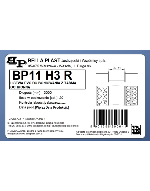 Zdjęcie: Listwa do boniowania PVC bez siatki BP11 H3R L300 biała BELLA PLAST