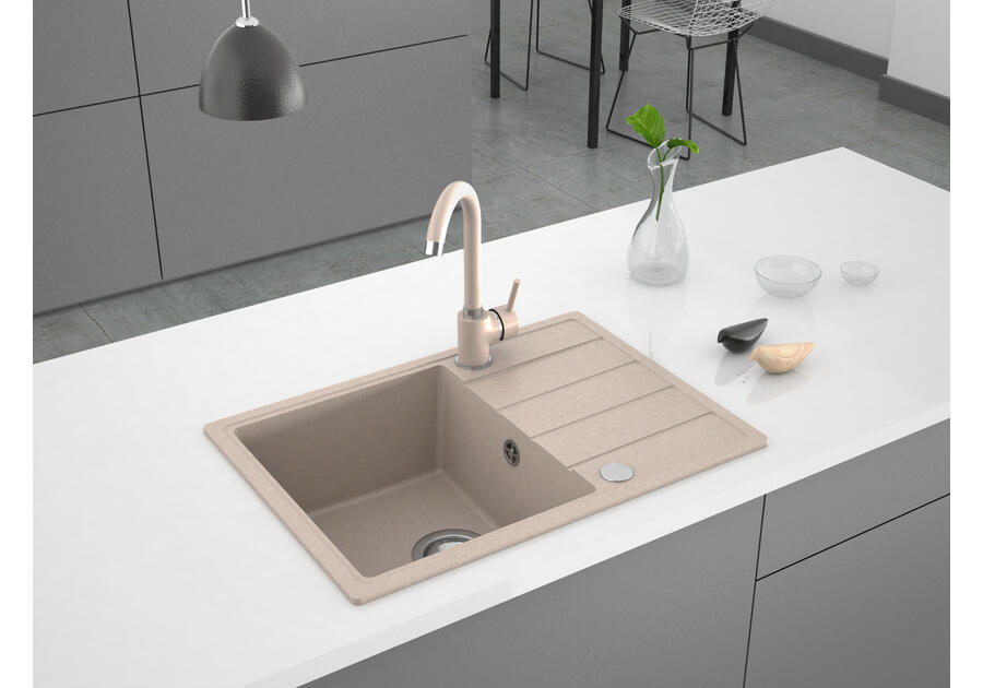 Zdjęcie: Zlewozmywak granitowy Metro 1-komorowy piaskowy 62x44x19,5 cm syfon manualny, bateria U MILÓ