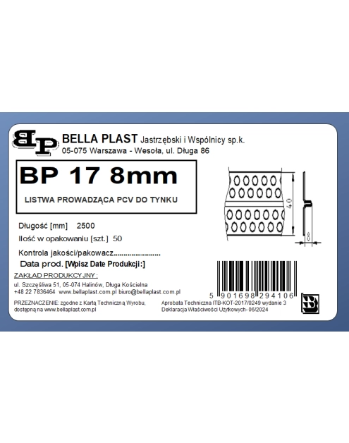 Zdjęcie: Listwa prowadząca PVC BP17 L250 8 mm biała BELLA PLAST