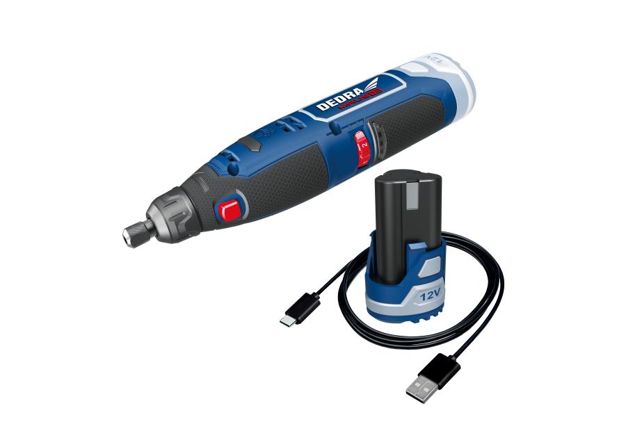 Zdjęcie: Zestaw 12V DED7340Z1 miniszlifierka + DED7300 USB/C + DED7320 2,0 Ah DEDRA
