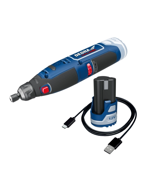 Zdjęcie: Zestaw 12V DED7340Z1 miniszlifierka + DED7300 USB/C + DED7320 2,0 Ah DEDRA