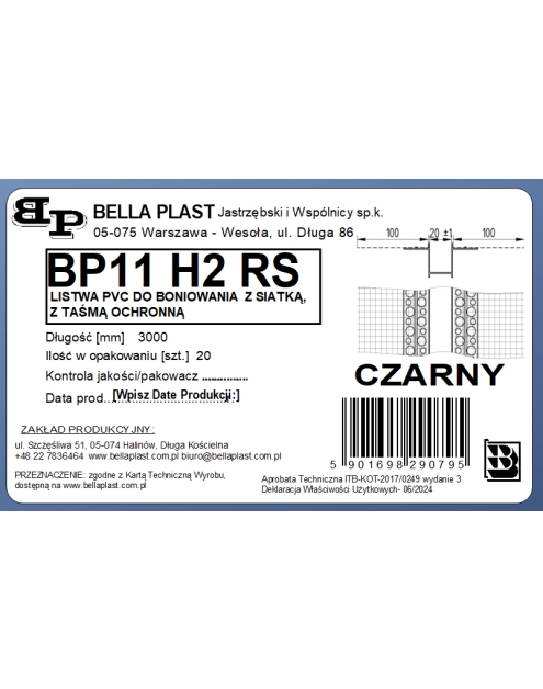 Zdjęcie: Listwa do boniowania PVC z siatką BP11 H2RS L300 czarny BELLA PLAST