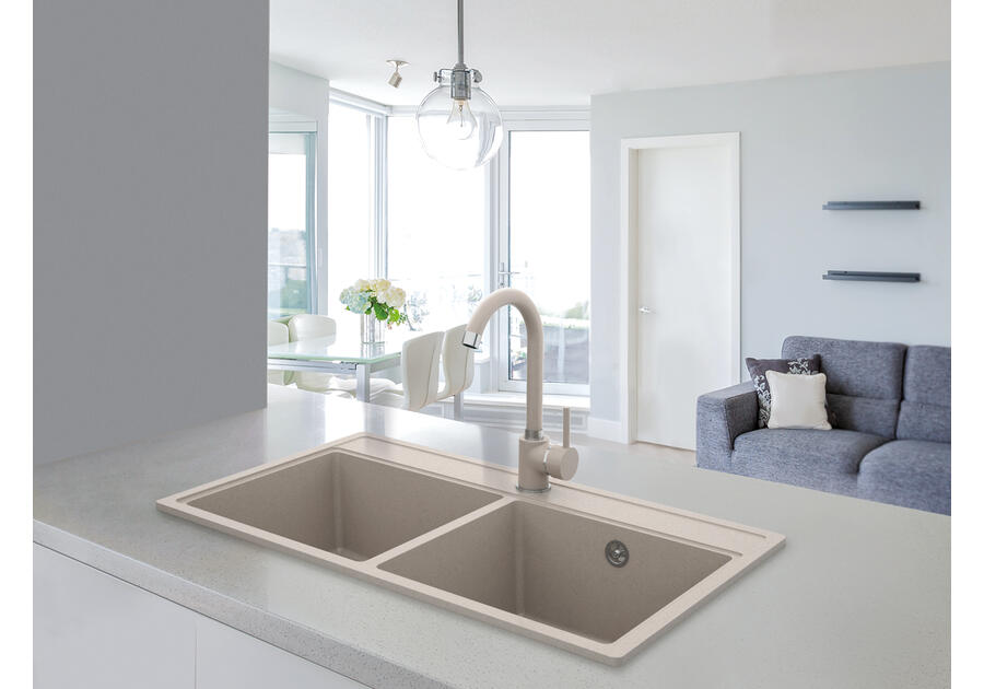 Zdjęcie: Zlewozmywak granitowy Metro 2-komorowy piaskowy 76x44x19,5 cm syfon manualny MILÓ