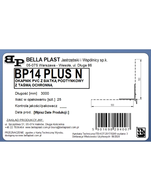 Zdjęcie: Listwa PVC okapnikowa z siatką BP14 Plus N L300 biała BELLA PLAST