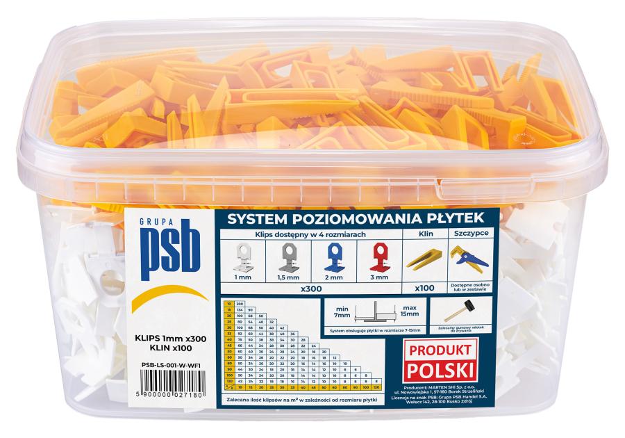 Zdjęcie: System poziomowania płytek klipsy + kliny 1 mm - 300 szt. biało-żółte PSB