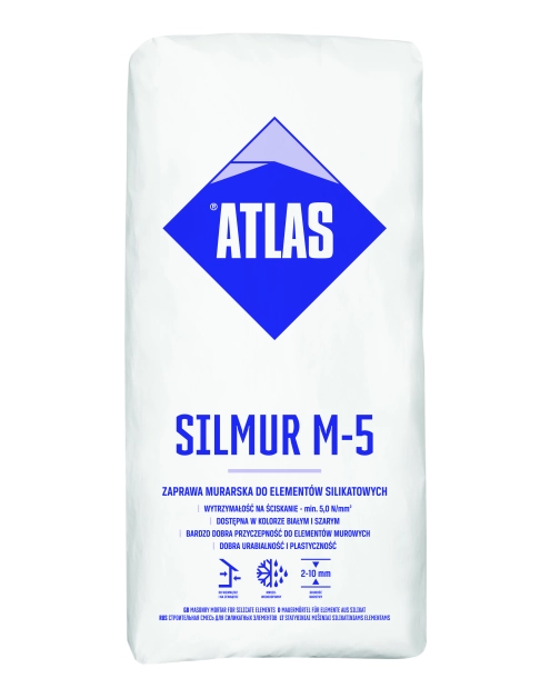Zdjęcie: Zaprawa murarska do elementów silikatowych Silmur M5B biała 25 kg ATLAS