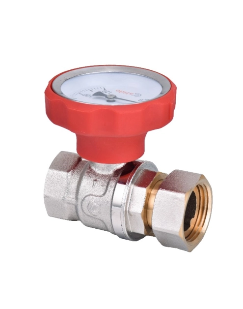 Zdjęcie: Zawór kulowy S30 z ruchomą nakrętką W/W 1" z czerwonym pokrętłem (termometr) CALIDO