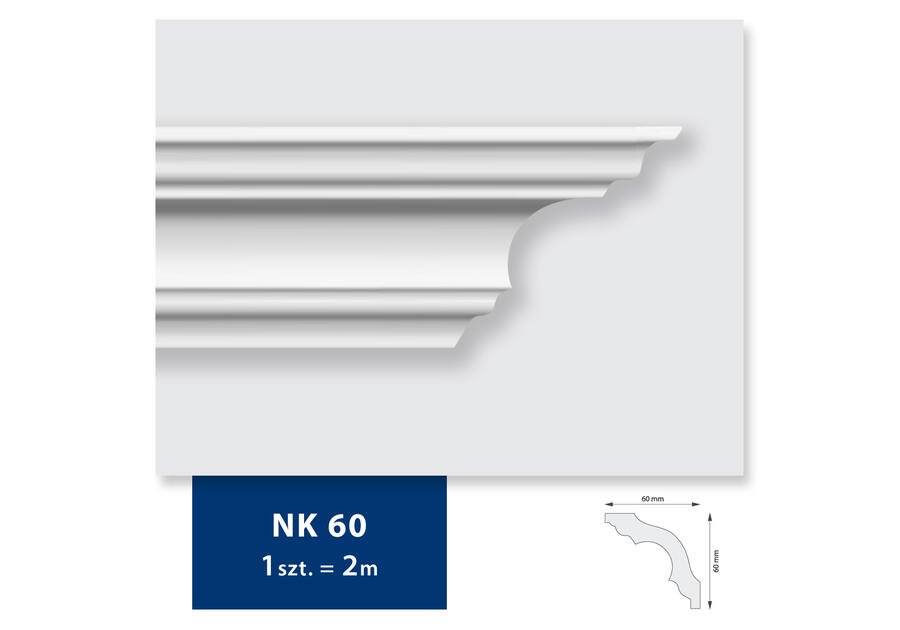 Zdjęcie: Listwa sufitowa z polistyrenu NK 60, 2 sztuki 200x6x6 cm biały DMS