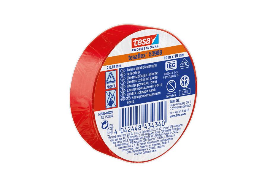 Zdjęcie: Taśma izolacyjna tesa® PVC, do zastosowań elektrycznych, 10m:15mm, czerwona