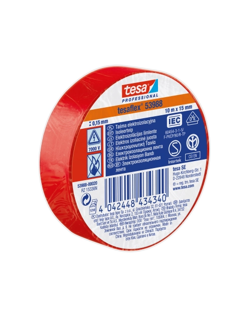 Zdjęcie: Taśma izolacyjna tesa® PVC, do zastosowań elektrycznych, 10m:15mm, czerwona