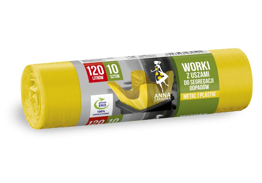 Zdjęcie: Worki z uszami do segregacji odpadów plastik metal 120 L - 10 szt. żółte ANNA ZARADNA