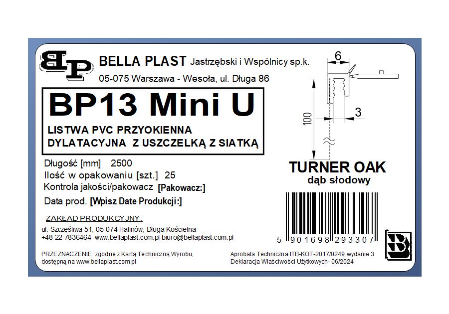 Zdjęcie: Listwa PVC BP13 Mini U L250 6/3 turner oak, z siatką i z uszczelką BELLA PLAST