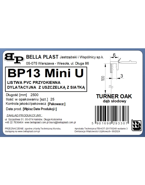 Zdjęcie: Listwa PVC BP13 Mini U L250 6/3 turner oak, z siatką i z uszczelką BELLA PLAST