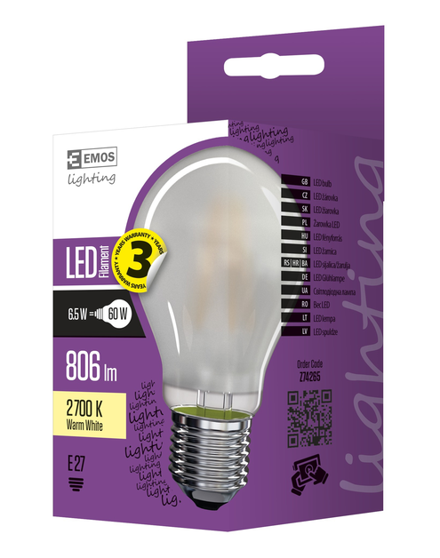 Zdjęcie: Żarówka LED Filament A60 A++ matowa 6,5W E27 ciepła biel EMOS