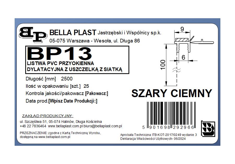 Zdjęcie: Listwa PVC BP13 L250 9/6 szary ciemny, przyokienna, dylatacyjna, z siatką i z uszczelką BELLA PLAST
