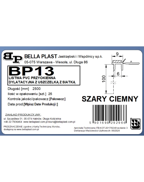 Zdjęcie: Listwa PVC BP13 L250 9/6 szary ciemny, przyokienna, dylatacyjna, z siatką i z uszczelką BELLA PLAST
