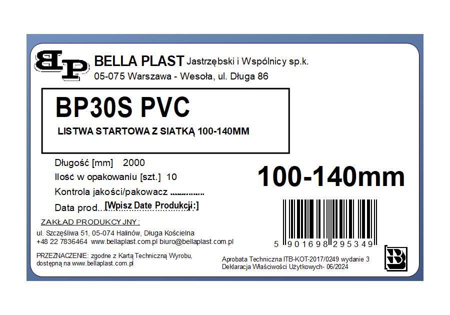 Zdjęcie: Listwa PVC startowa regulowana, okapnikowa z siatką BP30 S 100-140 L200 biała BELLA PLAST
