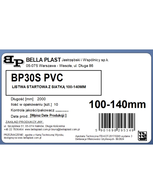 Zdjęcie: Listwa PVC startowa regulowana, okapnikowa z siatką BP30 S 100-140 L200 biała BELLA PLAST