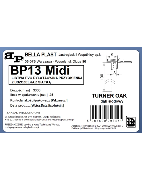 Zdjęcie: Listwa PVC BP13 Midi L300 9/3 dąb słodowy, z siatką i z uszczelką BELLA PLAST
