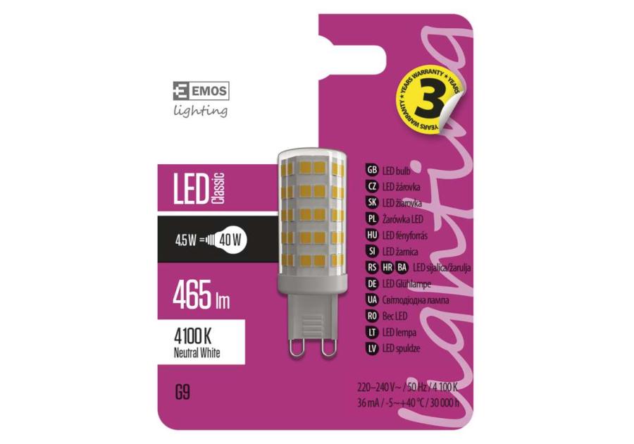 Zdjęcie: Żarówka LED Classic JC, G9, 4,5 W (40 W), 465 lm, neutralna biel EMOS