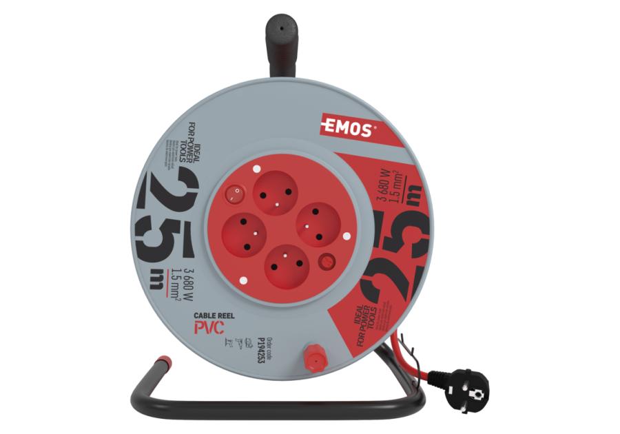 Zdjęcie: Przedłużacz zwijany 25 m, 4 gniazda, z wyłącznikiem, czerwony, PVC, 230 V, 1,5 mm2 EMOS