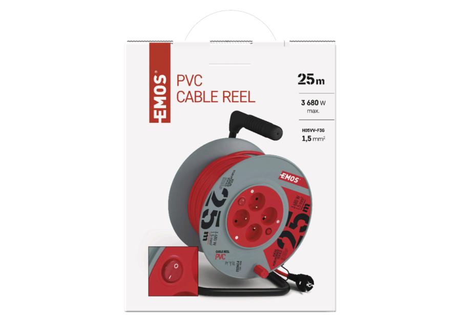 Zdjęcie: Przedłużacz zwijany 25 m, 4 gniazda, z wyłącznikiem, czerwony, PVC, 230 V, 1,5 mm2 EMOS