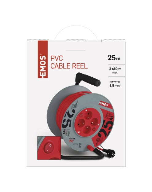 Zdjęcie: Przedłużacz zwijany 25 m, 4 gniazda, z wyłącznikiem, czerwony, PVC, 230 V, 1,5 mm2 EMOS