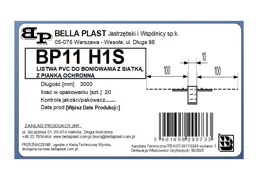 Zdjęcie: Listwa do boniowania PVC z siatką BP11 H1S L300 biała BELLA PLAST