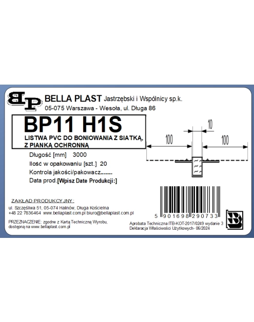 Zdjęcie: Listwa do boniowania PVC z siatką BP11 H1S L300 biała BELLA PLAST