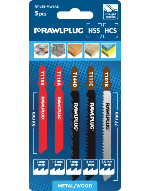 Zdjęcie: Zestaw brzeszczot do drewna 2,5 mm; 3 mm; 4 mm oraz metalu 1,2 mm; 2 mm - 5 elementów RAWLPLUG