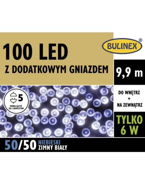 Zdjęcie: Lampki choinkowe LED z dodatkowym gniazdem 9,9 m niebieskie/zimny biały 100 lampek BULINEX