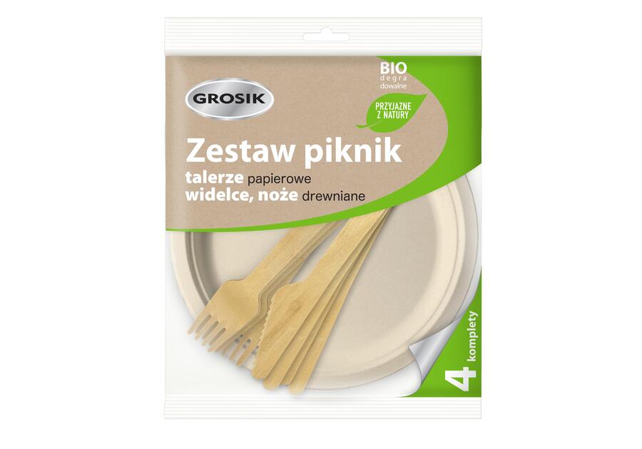 Zdjęcie: Zestaw piknik, talerze papierowe, widelce, noże drewniane 4 komplety GROSIK