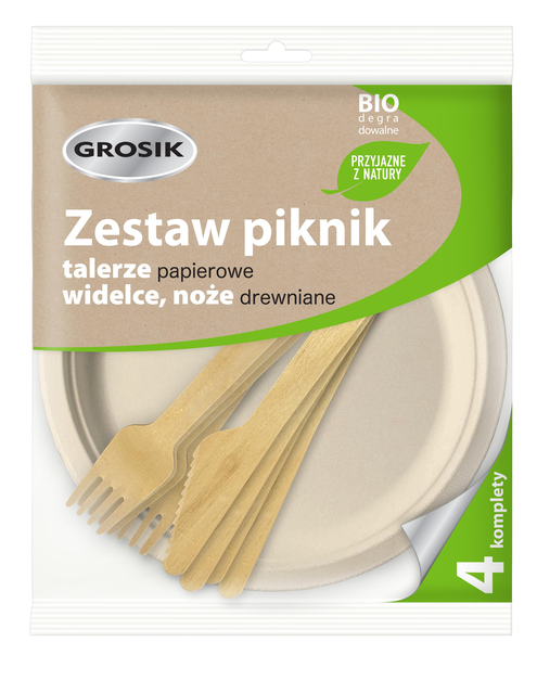 Zdjęcie: Zestaw piknik, talerze papierowe, widelce, noże drewniane 4 komplety GROSIK