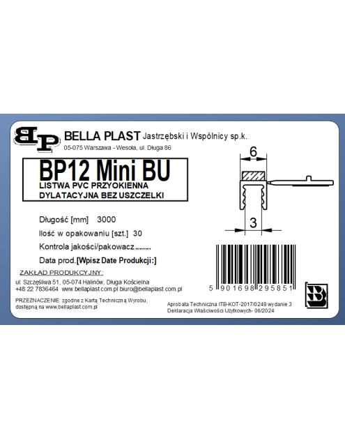 Zdjęcie: Listwa PVC BP12 Mini BU L300 6/3 biały, przyokienna dylatacyjna, tynkarska bez uszczelki BELLA PLAST