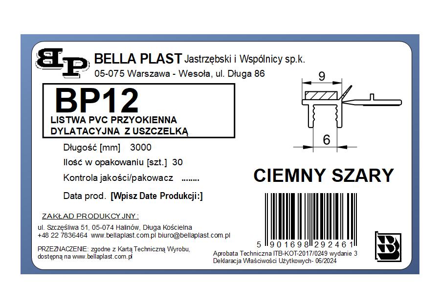 Zdjęcie: Listwa PVC BP12 L300 9/6 szary ciemny, przyokienna, dylatacyjna, tynkarska z uszczelką BELLA PLAST