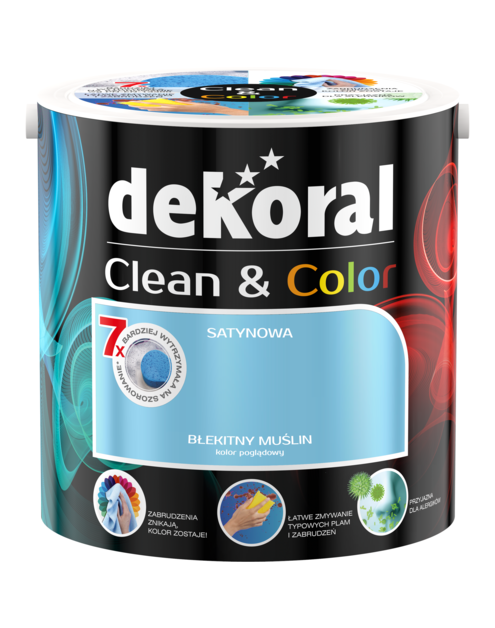 Zdjęcie: Farba satynowa Clean&Color 2,5 L błękitny muślin DEKORAL