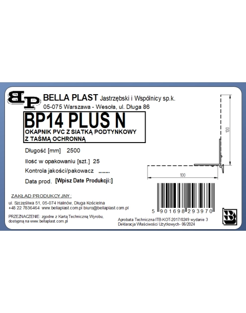 Zdjęcie: Listwa PVC okapnikowa z siatką BP14 Plus N L250 biała BELLA PLAST