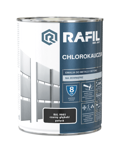 Zdjęcie: Emalia do metalu i betonu chlorokauczuk czarny głęboki połysk RAL9005 0,9 L RAFIL