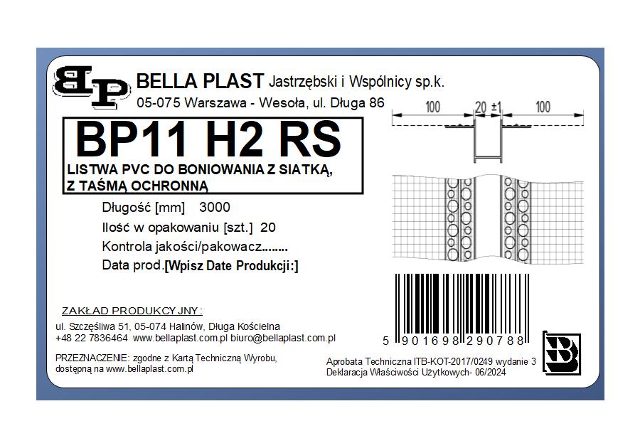 Zdjęcie: Listwa do boniowania PVC z siatką BP11 H2RS L300 biała BELLA PLAST