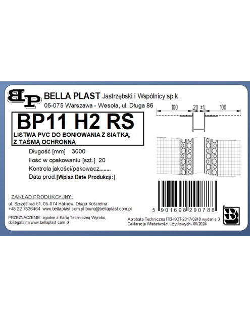 Zdjęcie: Listwa do boniowania PVC z siatką BP11 H2RS L300 biała BELLA PLAST