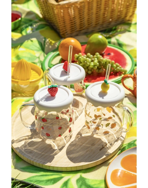 Zdjęcie: Kubek szklany z silikonową pokrywką i szklaną słomką 600 ml dekoracja cytryna ALTOM DESIGN