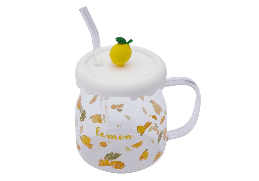Zdjęcie: Kubek szklany z silikonową pokrywką i szklaną słomką 600 ml dekoracja cytryna ALTOM DESIGN