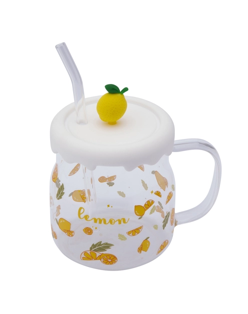 Zdjęcie: Kubek szklany z silikonową pokrywką i szklaną słomką 600 ml dekoracja cytryna ALTOM DESIGN