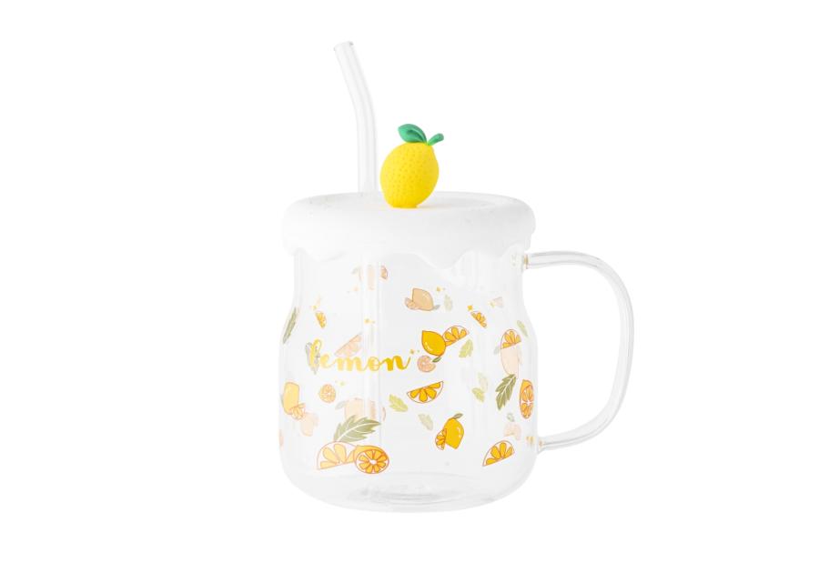 Zdjęcie: Kubek szklany z silikonową pokrywką i szklaną słomką 600 ml dekoracja cytryna ALTOM DESIGN