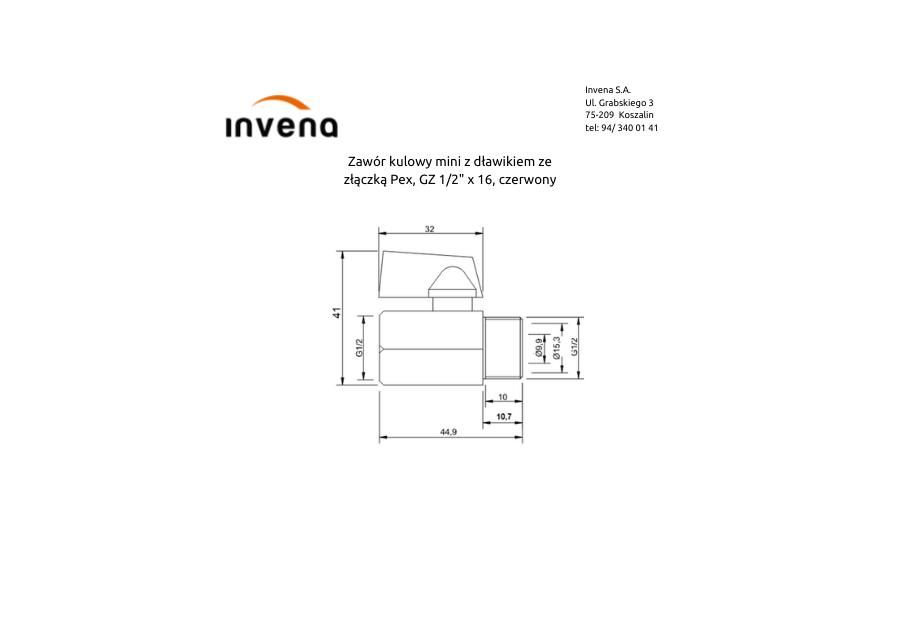 Zdjęcie: Zawór kulowy mini z dławikiem ze złączką Pex, GZ 1/2x16, czerowny INVENA
