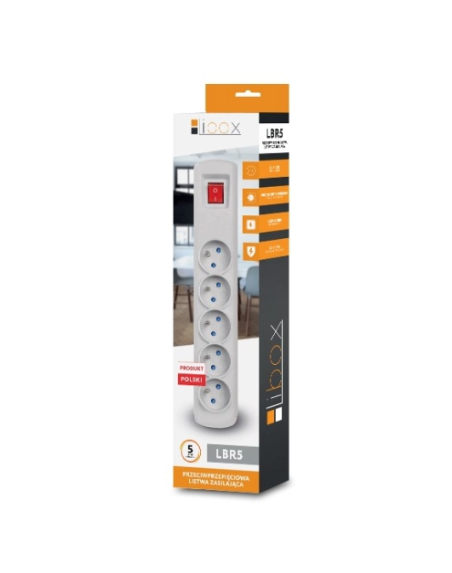 Zdjęcie: Przedłużacz z filtrem 5 m 5GN z uziemieniem, bezpiecznik, szary LBR5/5,0 LIBOX