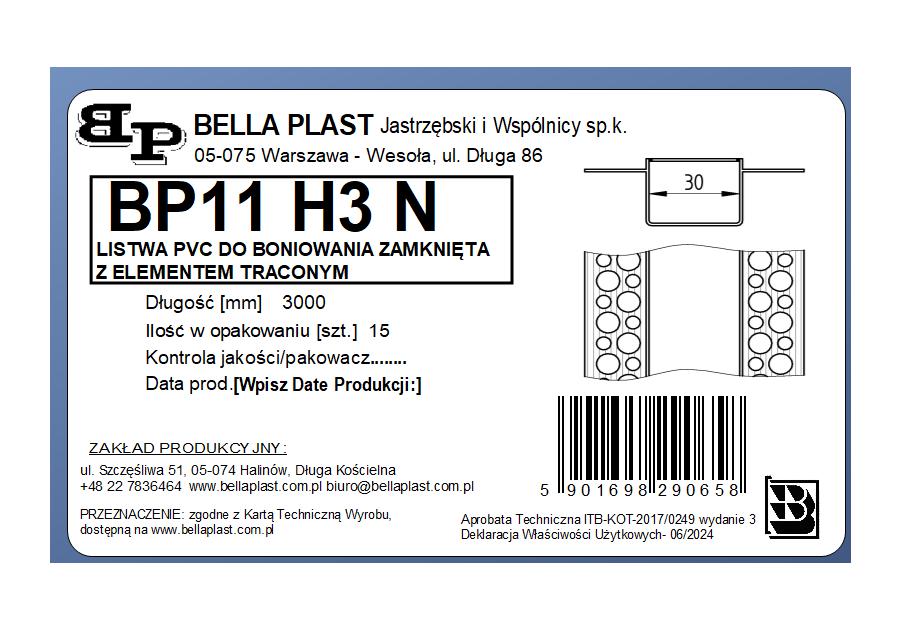 Zdjęcie: Listwa do boniowania PVC bez siatki, zamknięta z elementem traconym BP11 H3N L300 biała BELLA PLAST