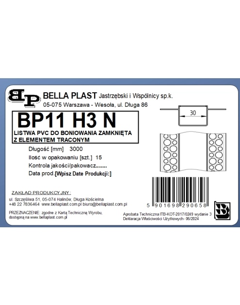 Zdjęcie: Listwa do boniowania PVC bez siatki, zamknięta z elementem traconym BP11 H3N L300 biała BELLA PLAST